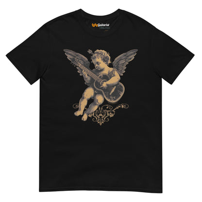 Black unisex T-shirt featuring Cupid playing guitar with wings and ornate design.