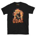 Black unisex T-shirt featuring a demon guitarist with the text "The G.O.A.T." in orange and yellow colors.
