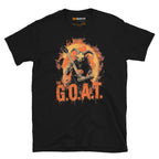 Black unisex T-shirt featuring a demon guitarist with the text "The G.O.A.T." in orange and yellow colors.