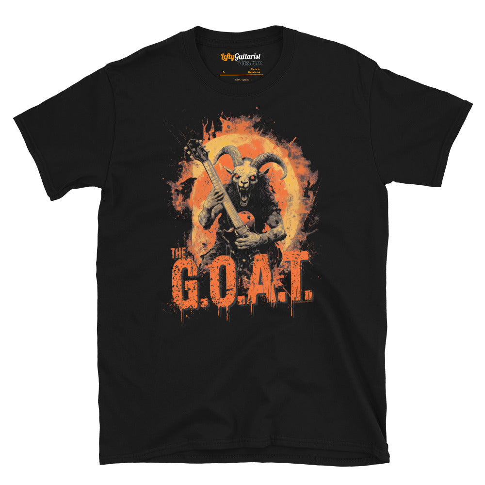 Black unisex T-shirt featuring a demon guitarist with the text "The G.O.A.T." in orange and yellow colors.
