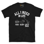Black unisex t-shirt featuring the white text "All I need in life - food, sleep, lefty bass" with icons of a burger, bed and a left handed bass guitar.