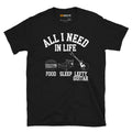 Black unisex t-shirt featuring the phrase "All I Need in Life - Food, Sleep, Lefty Guitar" with graphics of a burger, bed and left handed guitar.