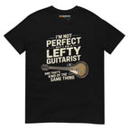 Black unisex T-shirt featuring the text "I'm not perfect but I am a lefty guitarist" and an illustration of a left handed guitar.