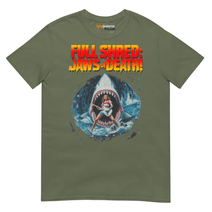 Unisex military green T-shirt featuring a graphic of a lefty guitarist playing in front of a shark and the text "Full Shred: Jaws of Death!