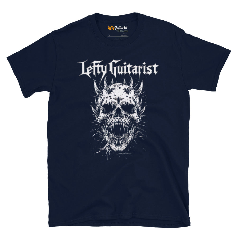 LeftyGuitarist "Horned Skull" unisex logo T-shirt in navy with a graphic of a skull and horns on the front.