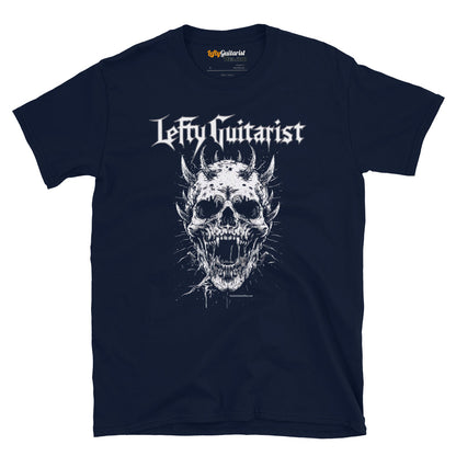 LeftyGuitarist "Horned Skull" unisex logo T-shirt in navy with a graphic of a skull and horns on the front.