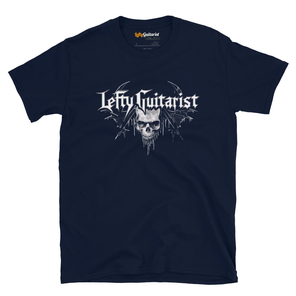 Navy unisex t-shirt featuring a skull graphic and "LeftyGuitarist" logo in white.