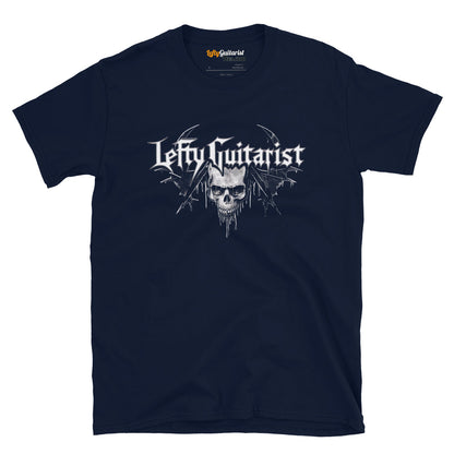 Navy unisex t-shirt featuring a skull graphic and "LeftyGuitarist" logo in white.