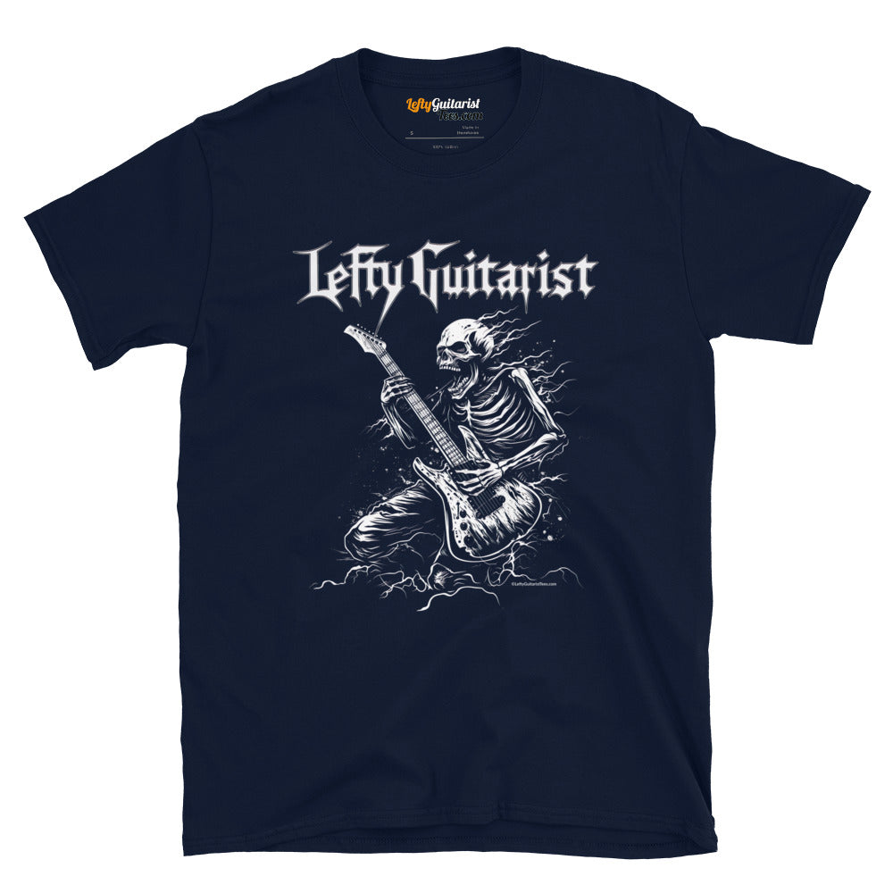 LeftyGuitarist "Skeleton" unisex T-shirt in navy, featuring a skeleton playing lefty guitar with a dynamic design.