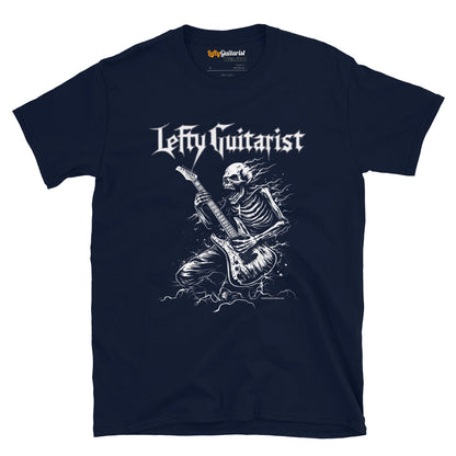 LeftyGuitarist "Skeleton" unisex T-shirt in navy, featuring a skeleton playing lefty guitar with a dynamic design.