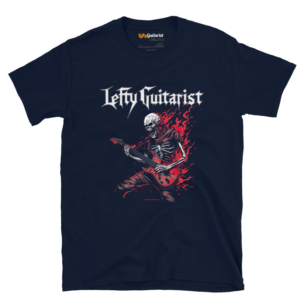 Flaming red skeleton graphic on a navy unisex T-shirt, featuring the text "LeftyGuitarist" above.