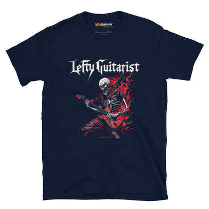 Flaming red skeleton graphic on a navy unisex T-shirt, featuring the text "LeftyGuitarist" above.