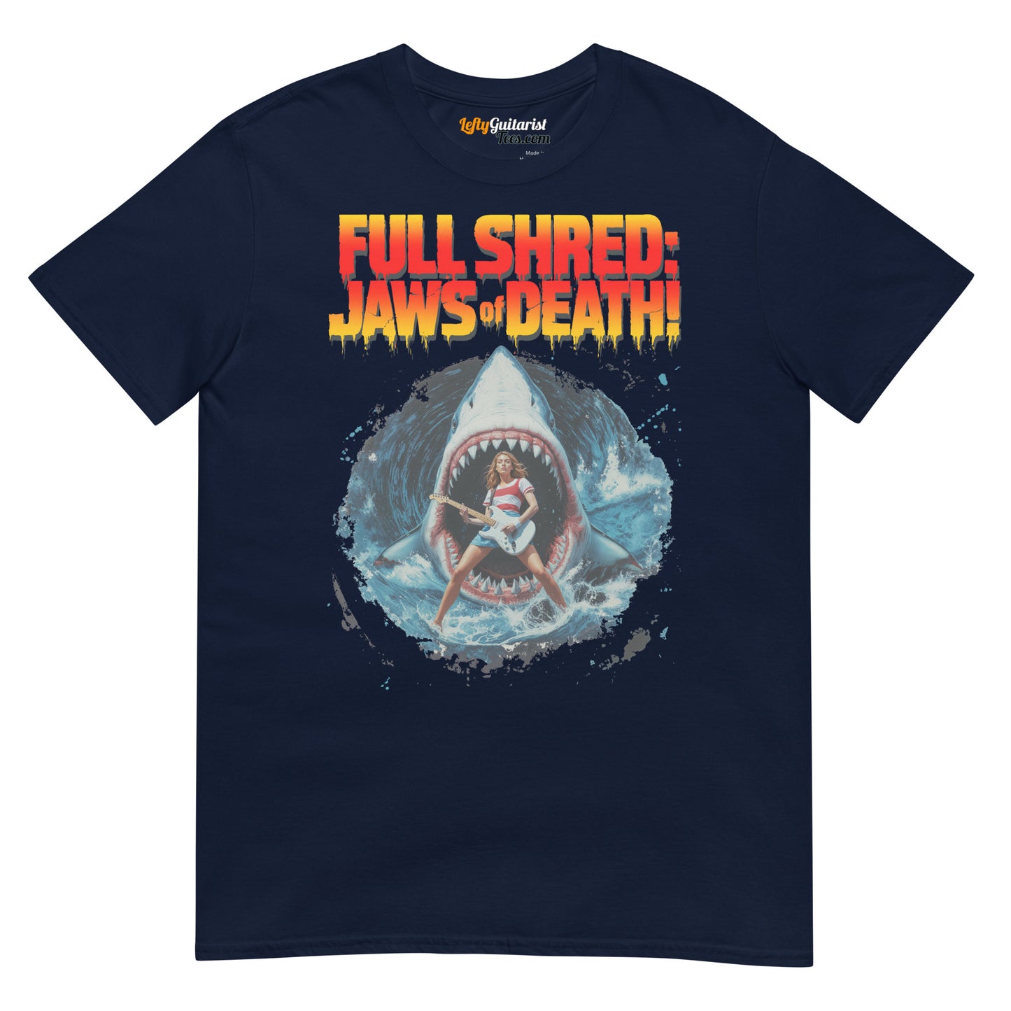 Navy unisex T-shirt featuring a graphic of a shark and a lefty guitarist, with "Full Shred: Jaws of Death!" text.