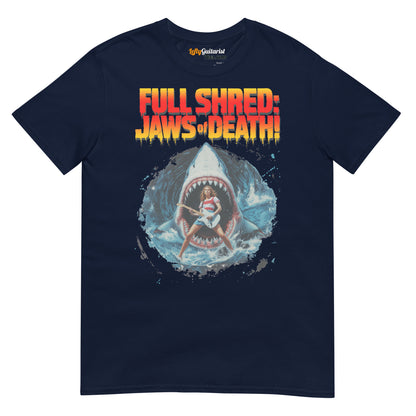 Navy unisex T-shirt featuring a graphic of a shark and a lefty guitarist, with "Full Shred: Jaws of Death!" text.