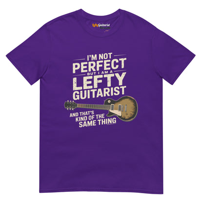 I'm Not Perfect But I Am A Lefty Guitarist" unisex T-shirt in purple with left handed guitar graphic and bold text design.