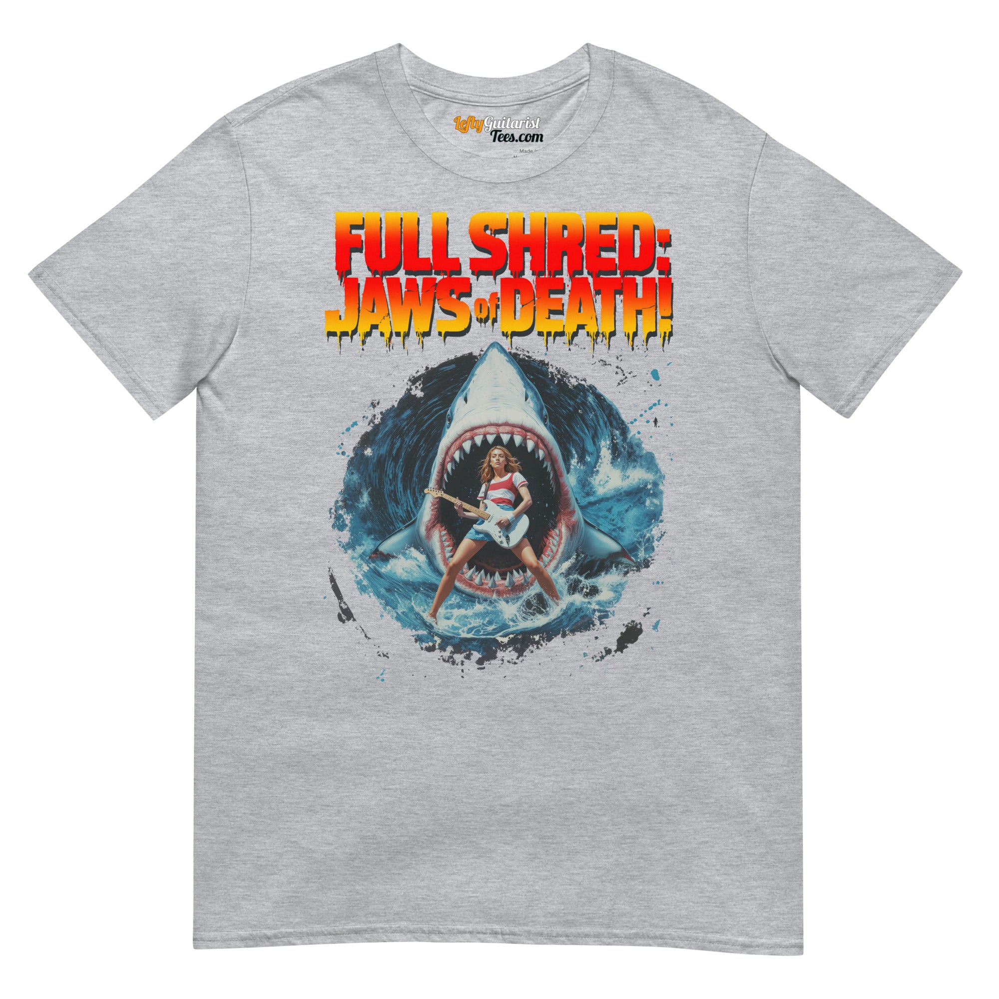 Sport grey unisex T-shirt featuring a graphic of a lefty guitarist in front of a shark and the text "Full Shred: Jaws of Death!" in bold colors.