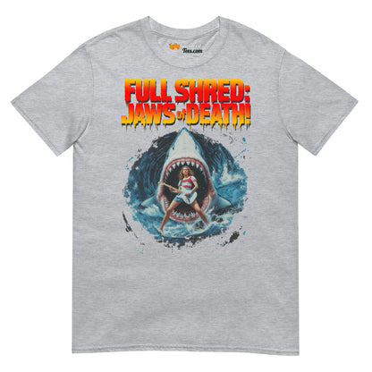 Sport grey unisex T-shirt featuring a graphic of a lefty guitarist in front of a shark and the text "Full Shred: Jaws of Death!" in bold colors.