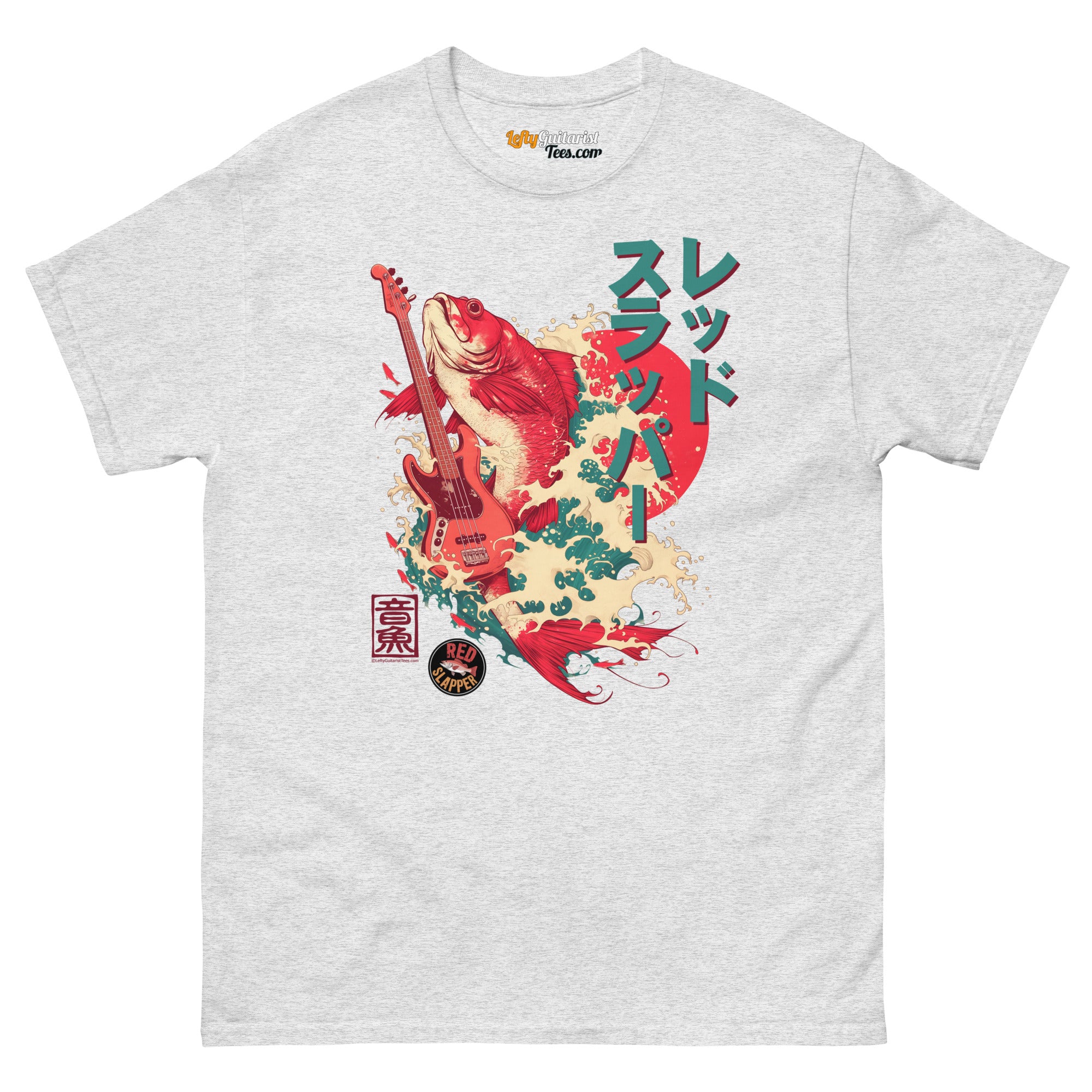 Unisex gray T-shirt featuring a red snapper fish and lefty bass guitar graphic with Japanese text and colorful wave design.