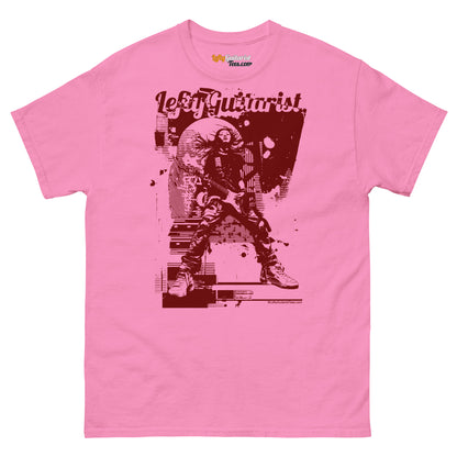 Distortion Queen" LeftyGuitarist unisex T-shirt in azalea pink featuring a graphic of a guitarist with abstract design ele...