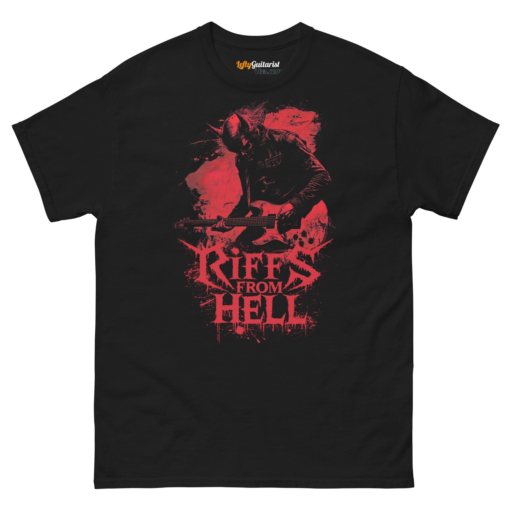 Black unisex T-shirt featuring a red graphic of a lefty demon guitarist with the text "Riffs From Hell" below.