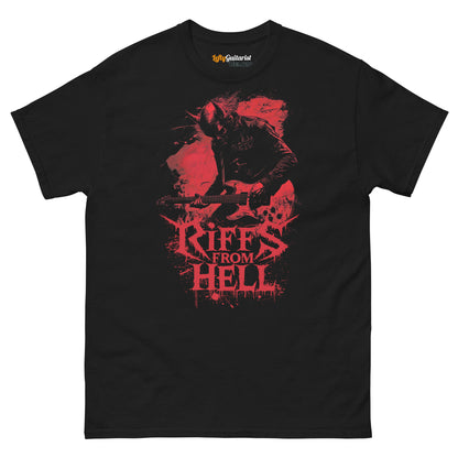 Black unisex T-shirt featuring a red graphic of a lefty demon guitarist with the text "Riffs From Hell" below.