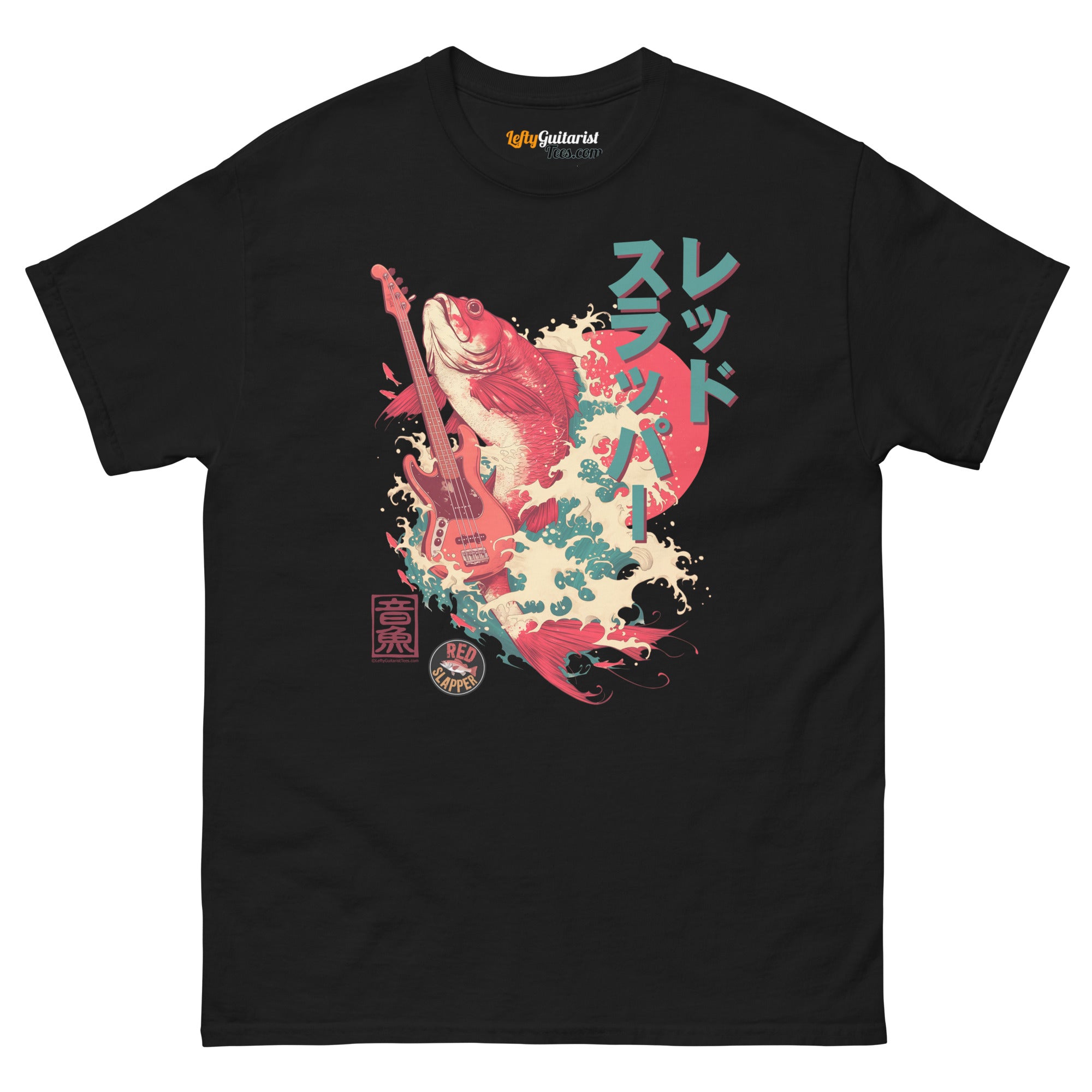 Black unisex T-shirt featuring a graphic of a red snapper fish and a lefty bass guitar with Japanese text and colorful wave designs.
