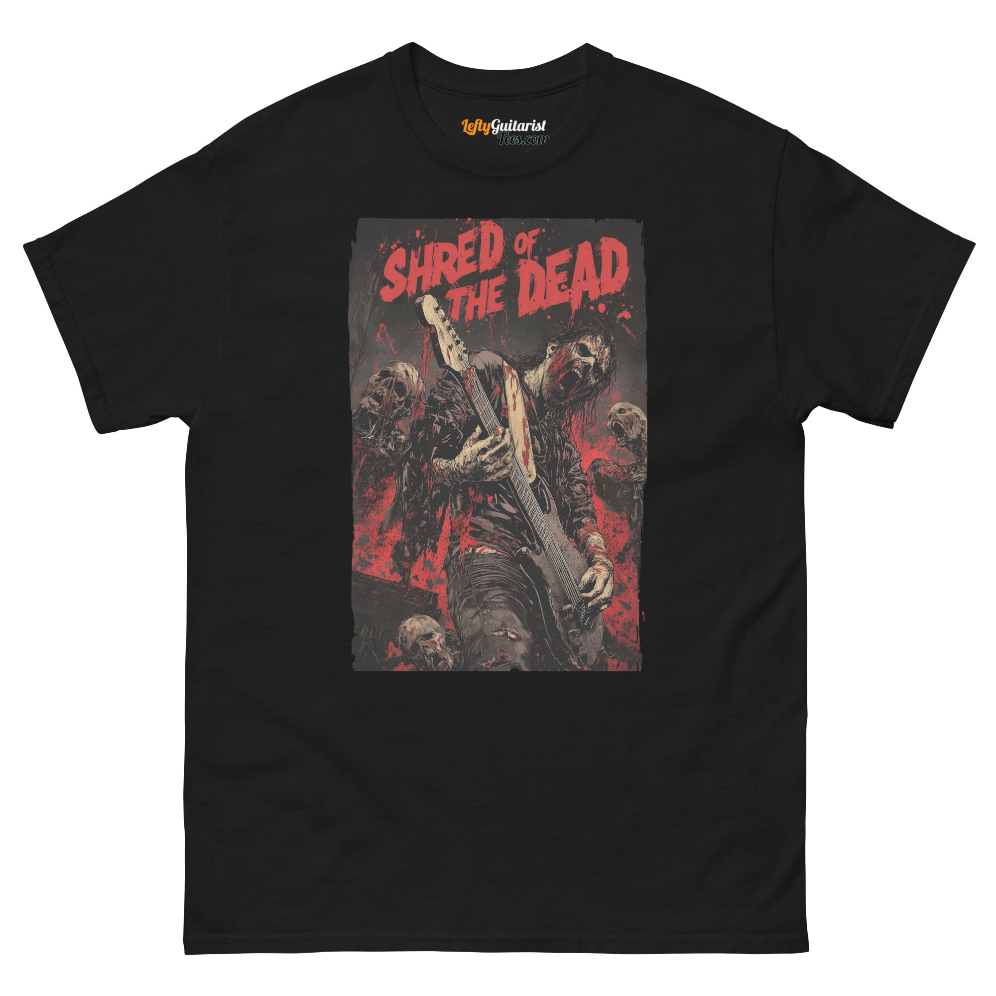 Black unisex T-shirt featuring a zombie guitarist graphic with the text "Shred of the Dead" in red.