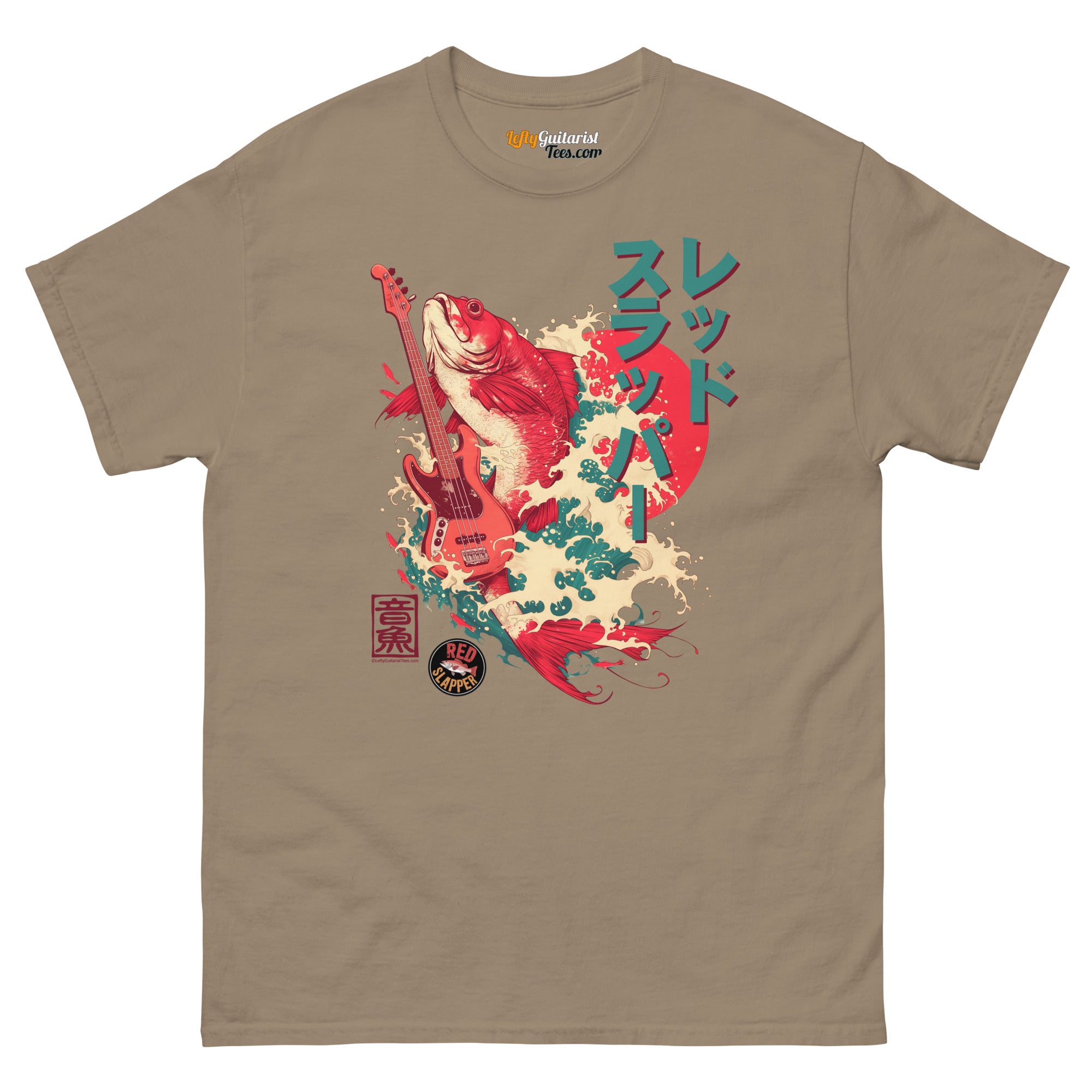 Red Slapper unisex lefty bass guitar T-shirt in brown with graphic of a red snapper fish and waves, featuring Japanese text.