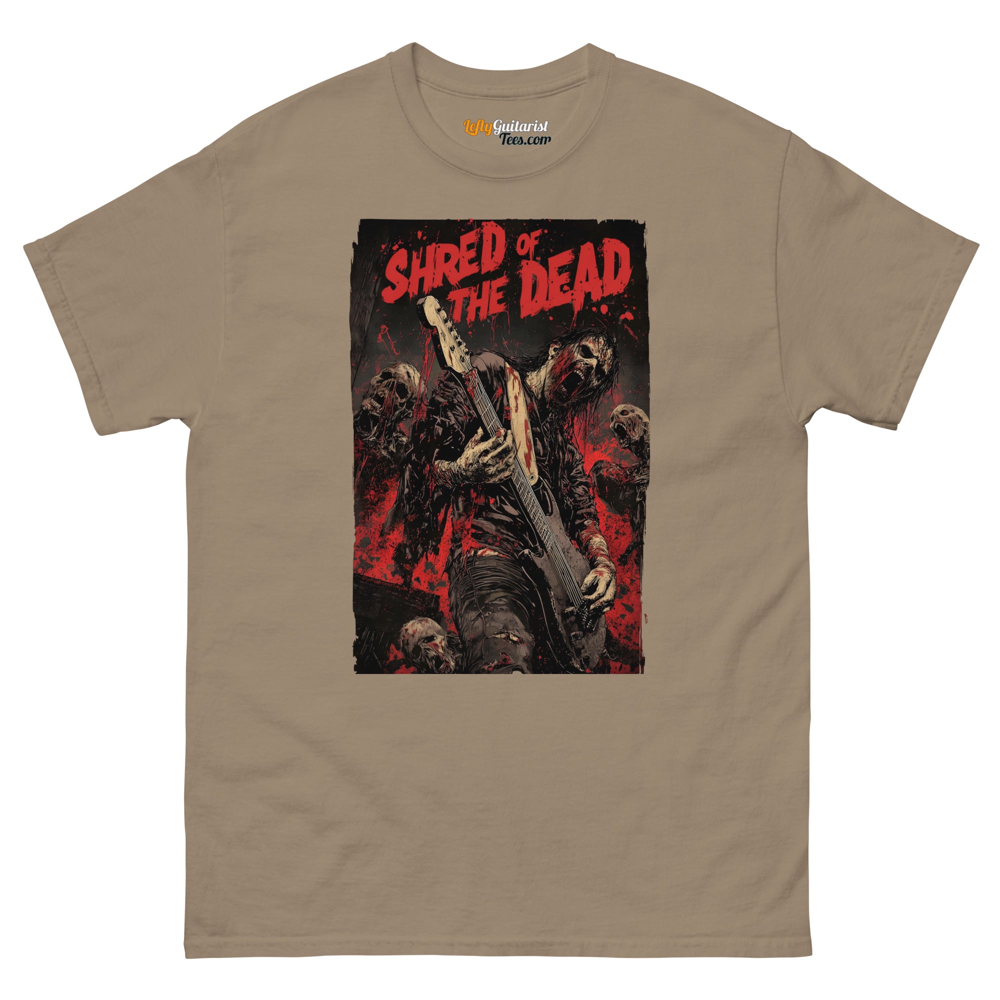 Shred of the Dead" unisex T-shirt in brown with a zombie guitarist graphic and red splatter background.
