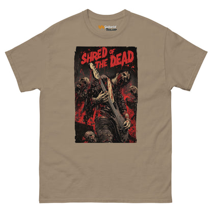 Shred of the Dead" unisex T-shirt in brown with a zombie guitarist graphic and red splatter background.