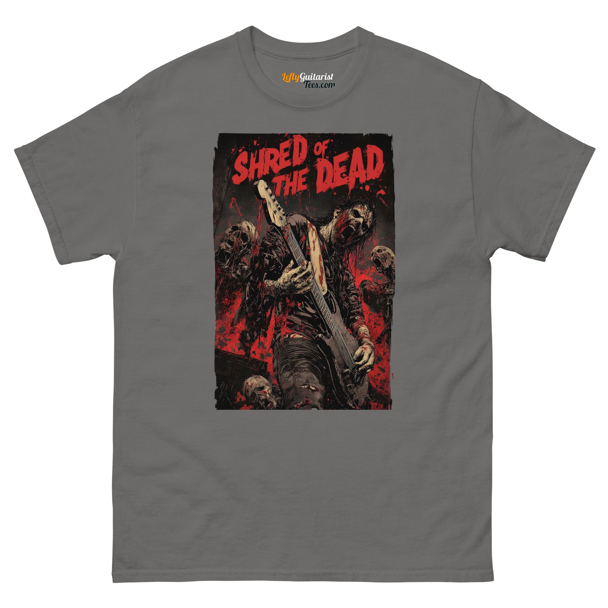 Charcoal unisex T-shirt featuring a zombie guitarist with a red and black graphic design titled "Shred of the Dead.