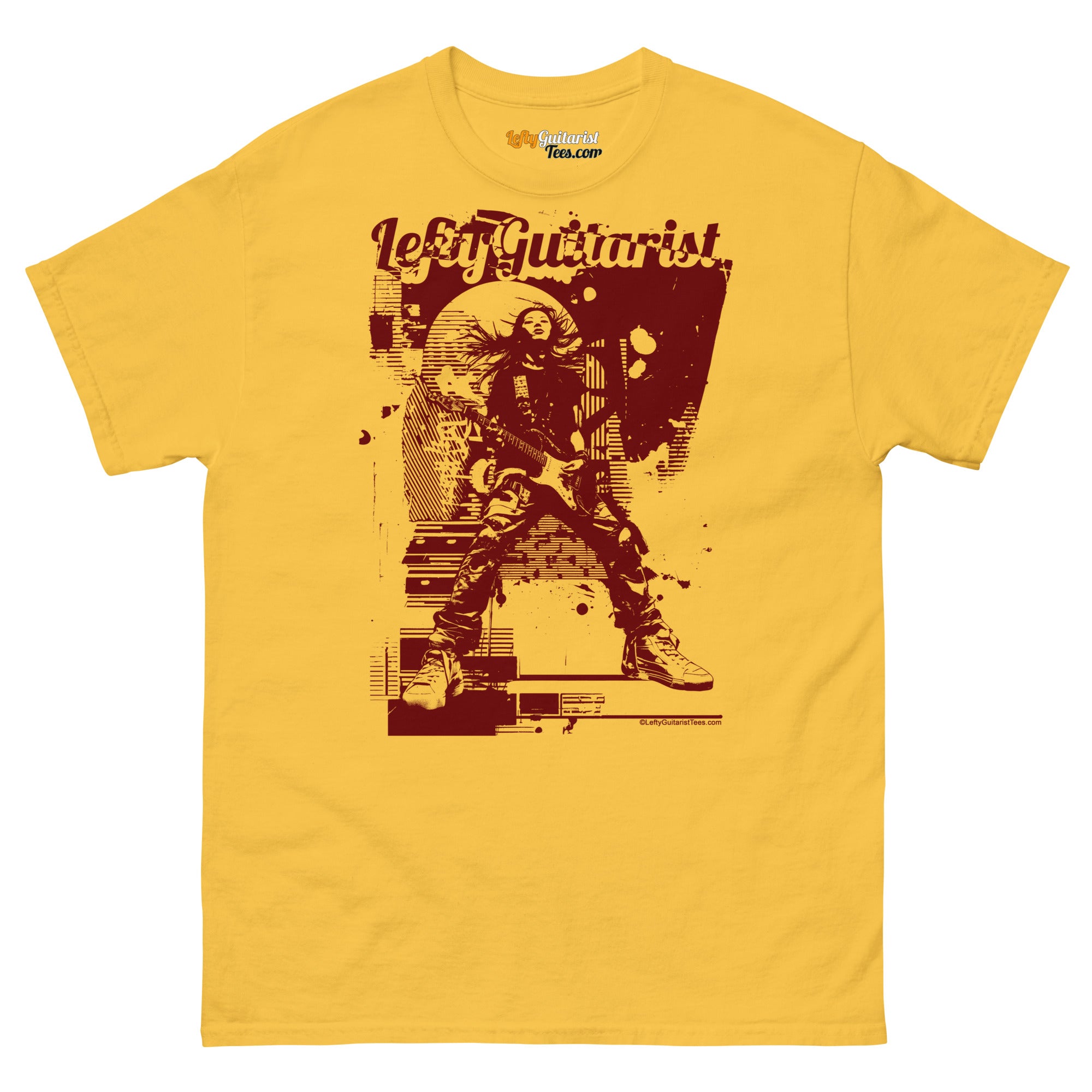Yellow unisex T-shirt featuring "Distortion Queen" graphic with a left-handed guitarist in red and black design.