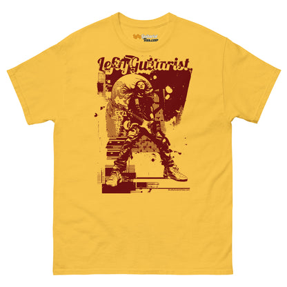 Yellow unisex T-shirt featuring "Distortion Queen" graphic with a left-handed guitarist in red and black design.