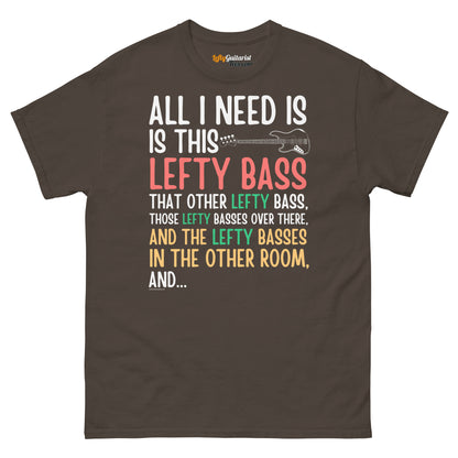 Unisex dark chocolate t-shirt featuring colorful text design about lefty bass guitars.