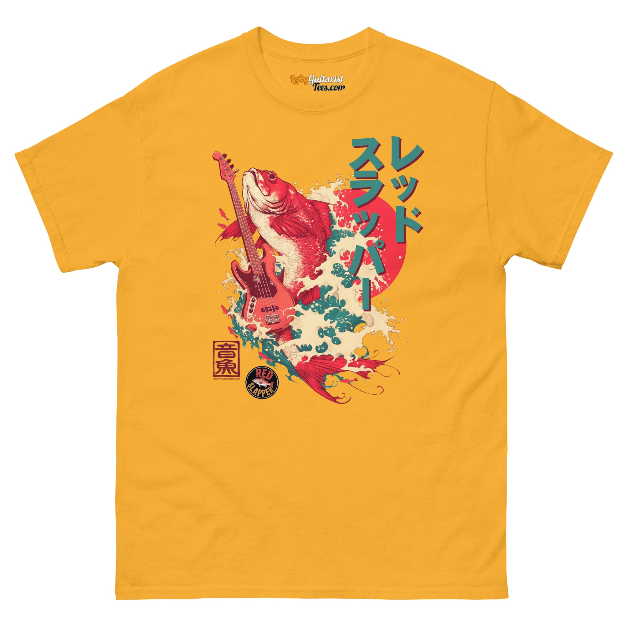 Yellow unisex T-shirt featuring a red snapper fish and lefty bass guitar graphic with Japanese text and waves design.