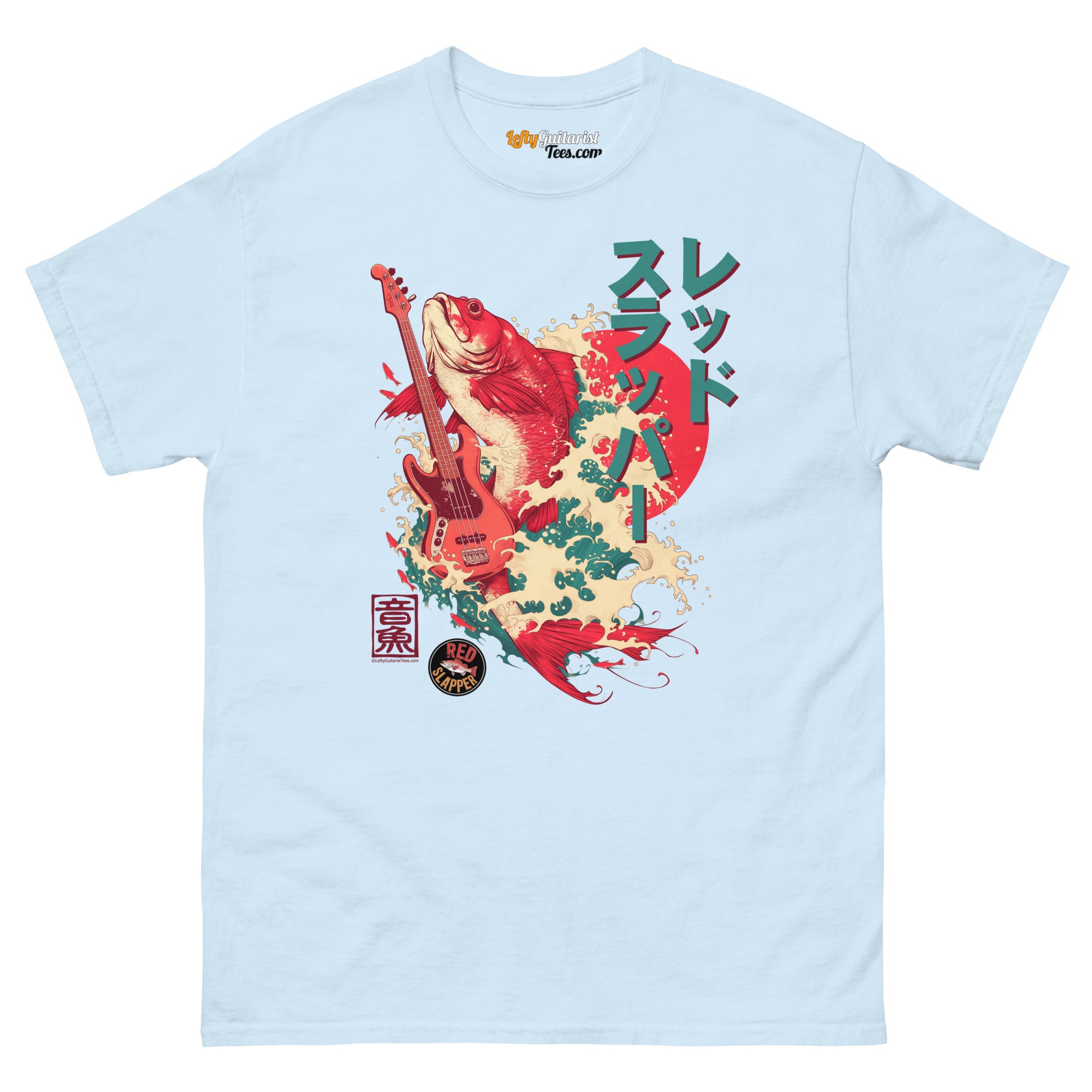 Light blue unisex T-shirt featuring a red snapper fish and lefty bass guitar graphic with Japanese text and colorful wave design.