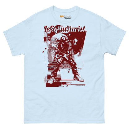 Light blue unisex T-shirt featuring "Distortion Queen" graphic with a guitarist in red and black design.
