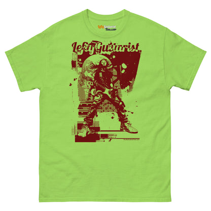 Lime green unisex T-shirt featuring "Distortion Queen" graphic with a lefty guitarist design in red.