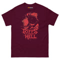Maroon unisex T-shirt featuring a lefty demon guitarist graphic with the text "Riffs From Hell" in bold, distressed font.