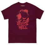 Maroon unisex T-shirt featuring a lefty demon guitarist graphic with the text "Riffs From Hell" in bold, distressed font.