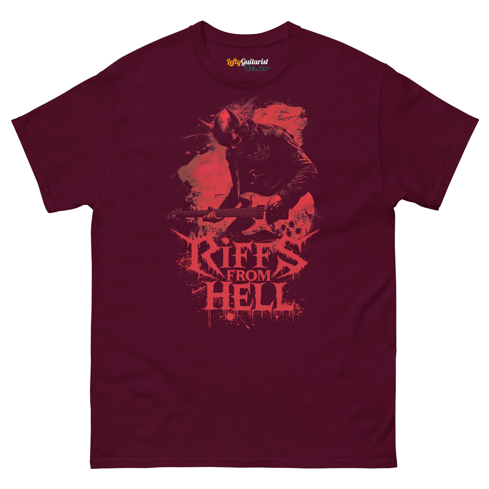 Maroon unisex T-shirt featuring a lefty demon guitarist graphic with the text "Riffs From Hell" in bold, distressed font.