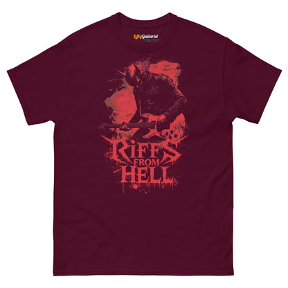 Maroon unisex T-shirt featuring a lefty demon guitarist graphic with the text "Riffs From Hell" in bold, distressed font.