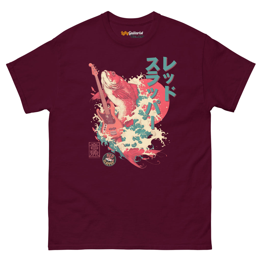 Maroon unisex T-shirt featuring a graphic of a red snapper fish and a lefty bass guitar with Japanese text and wave designs.