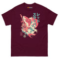 Maroon unisex T-shirt featuring a graphic of a red snapper fish and a lefty bass guitar with Japanese text and wave designs.