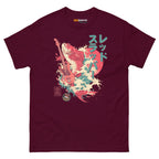 Maroon unisex T-shirt featuring a graphic of a red snapper fish and a lefty bass guitar with Japanese text and wave designs.