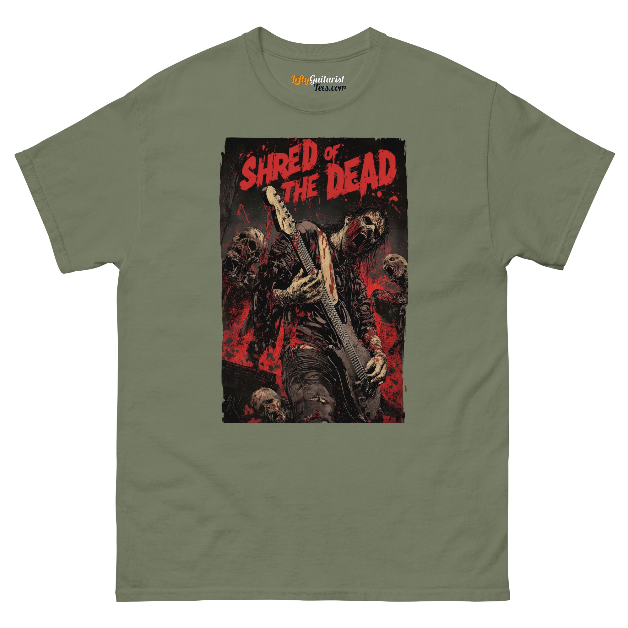 Shred of the Dead" zombie guitarist unisex T-shirt in military green with graphic of a guitarist surrounded by skulls.