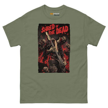Shred of the Dead" zombie guitarist unisex T-shirt in military green with graphic of a guitarist surrounded by skulls.