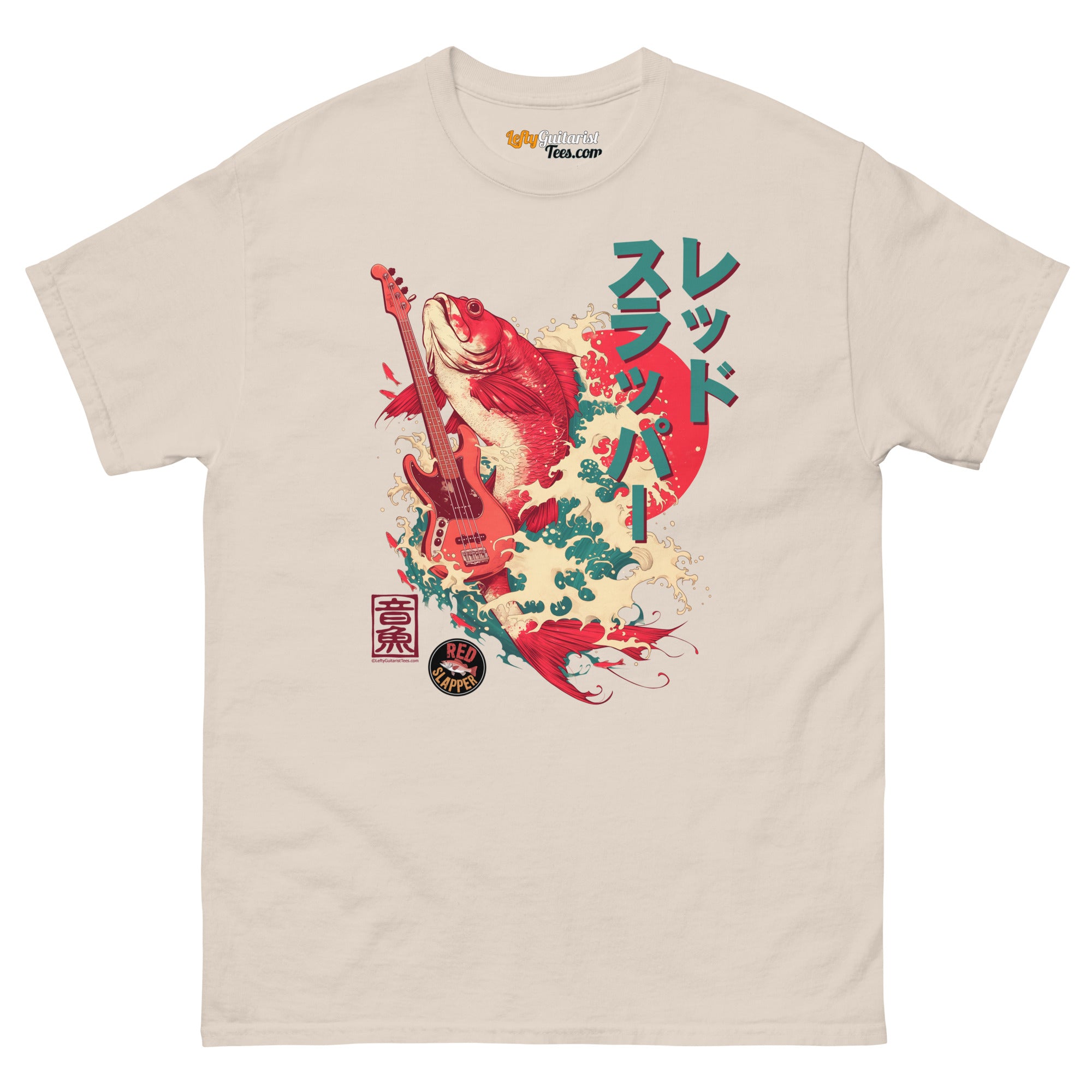 Red Slapper unisex lefty bass guitar T-shirt in natural color featuring a graphic of a red snapper fish and waves with Japanese text.