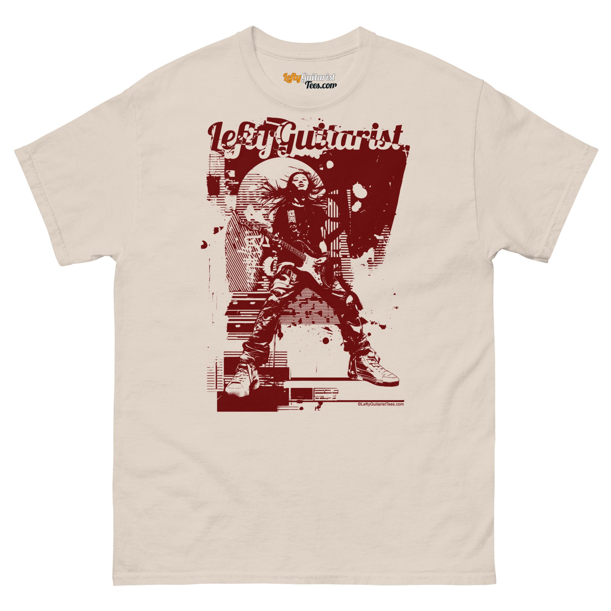 Distortion Queen" LeftyGuitarist unisex T-shirt in natural color featuring a graphic design of a guitarist in red tones.