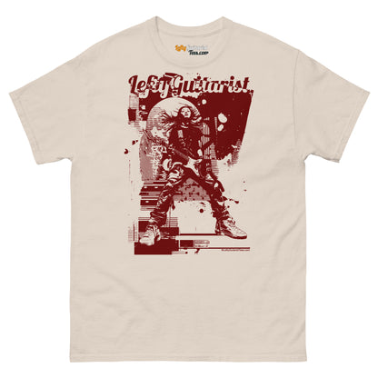 Distortion Queen" LeftyGuitarist unisex T-shirt in natural color featuring a graphic design of a guitarist in red tones.
